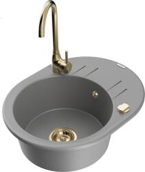 Mexen Kevin, gránit mosogató 586x458x190 mm, 1 kamrás és arany Telma csaptelep, szürke, 6517-71-670200-50 (6517-71-670200-50)
