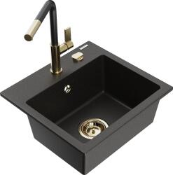 Mexen Milo, 1 kamrás gránit mosogató 435x410x171 mm és Flora mosogató csaptelep, fekete-arany metál, 6505-75-670401-57-G (6505-75-670401-57-G)