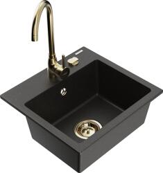 Mexen Milo, 1 kamrás gránit mosogató 43, 5x41 cm és konyhai csaptelep Telma, fekete-arany, 6505-75-670200-50 (6505-75-670200-50)