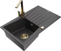 Mexen Cesar, gránit mosogató 775x470x190 mm, 1 kamrás, fekete foltos arany szifonnal és arany Rita mosogató csaptelep, 6514-76-670300-50 (6514-76-670300-50)