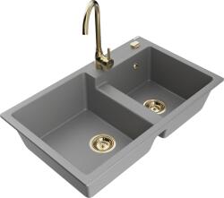 Mexen Tomas, gránit mosogató 800x500x190 mm, 2 kamrás és arany Telma csaptelep, szürke, 6516-71-670200-50 (6516-71-670200-50)