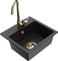 Mexen Milo, 1 kamrás gránit mosogató 435x410x171 mm és Telma arany csaptelep, fekete-ezüst metál, 6505-73-670200-50 (6505-73-670200-50)