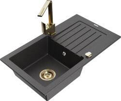 Mexen Pablo, gránit mosogató 752x436x161 mm, 1 kamrás és arany csaptelep Rita, fekete foltos, 6510-76-670300-50 (6510-76-670300-50)