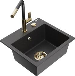 Mexen Milo, 1 kamrás gránit mosogató 435x410x171 mm és Flora mosogató csaptelep, fekete foltos, 6505-76-670401-75-G (6505-76-670401-75-G)