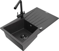 Mexen Cesar, gránit mosogató 775x470x190 mm, 1 kamrás és Duero fekete matt csaptelep, fekete foltos, 6514-76-671600-70-B (6514-76-671600-70-B)