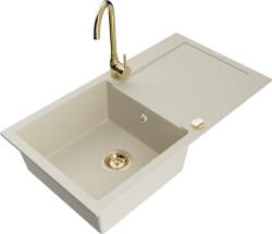 Mexen Leo, gránit mosogató 900x500x190 mm, 1 kamrás és arany Telma csaptelep, bézs, 6501-69-670200-50 (6501-69-670200-50)