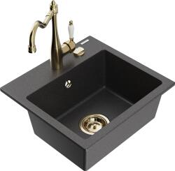 Mexen Milo, gránit mosogató 435x410x171 mm, 1 kamrás és Carla mosogató csaptelep, fekete foltos, 6505-76-670700-50 (6505-76-670700-50)