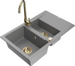 Mexen Gaspar, gránit mosogató 737x475x177 mm, 1, 5 kamrás és arany Telma csaptelep, szürke, 6507-71-670200-50 (6507-71-670200-50)
