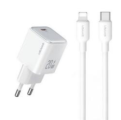 USAMS hálózati töltő Type-C aljzat (5V/3A, 20W, PD gyorstöltő 3.0 + Type-C/lightning kábel) FEHÉR (YXXLOGTC03)