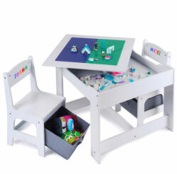 Suporto Masa cu scaune pentru copii Suporto si tabla compatibila cu piese LEGO Clasic, din MDF, Sertare Depozitare, Organizator Jucarii, Tabla de Scris, Desenat, Studiat. Alb cu gri, 3-6 ani