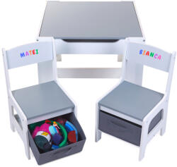 Suporto Set Masuta cu scaune pentru copii din Lemn Mdf 3 in 1, Tabla De Scris, Desenat, Colorat, Depozitare, Varsta 3-6 Ani, Alb cu Gri