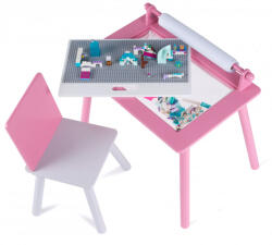 Suporto Birou pentru copii Roz cu tabla compatibila cu piese LEGO Clasic, din MDF, cu Scaunel, Rola de desen, Spatiu de depozitare, Blat reversibil