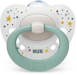 Nuk Силиконова залъгалка NUK - Signature, 0-6 месеца, Бяла със Зелено + кутийка за съхранение и стерилизация (10730618-Бяла със зелена дръжка)