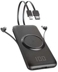 BlackBird Power Bank P1 10000mAh, Digitális kijelző, USB + Type-C + Micro-USB + Lighning csatlakozó + Qi töltő, Fekete BH1551 (BH1551)
