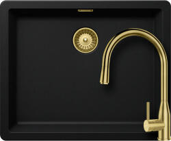 SCHOCK Schock Greenwich N-100L konyhai mosogatótálca 556 x 456 mm Cristadur Puro, intenzív fekete és szűrőkosár, túlfolyó takaró és Schock Kavus konyhai csaptelep kihúzható fejjel White Gold (GRN10LPUKVEWGO)