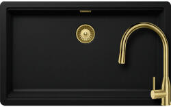 SCHOCK Schock Greenwich N-100XL konyhai mosogatótálca 750 x 456 mm Cristadur Puro, intenzív fekete és szűrőkosár, túlfolyó takaró és Schock Kavus konyhai csaptelep kihúzható fejjel White Gold (GRN10XLPUKVEWG
