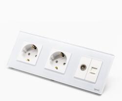 Tosyco Priză Schuko dublă + TV + LAN cu ramă din sticlă (TOS-C2SK1TV1L-W)