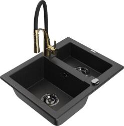 Mexen Carlos, 1, 5 kamrás gránit mosogató 582x475x177 mm és Aster mosogató csaptelep, fekete-ezüst metál, 6518-73-73450-57-B (6518-73-73450-57-B)