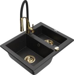 Mexen Carlos, 1, 5 kamrás gránit mosogató 582x475x177 mm és Aster mosogató csaptelep, fekete-ezüst metál, 6518-73-73450-57-G (6518-73-73450-57-G)