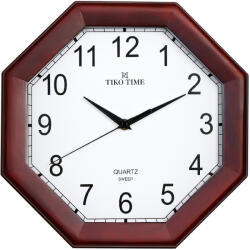 TIKO TIME fa falióra, quartz, sweep (halk járású) szerkezet, nyolcszög alakú 30 cm, mahagóni színű tok, fehér arab számos számlap (7647-1)