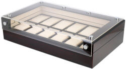  Óra tartó doboz, 12 rekeszes, lakkozott mahagóni külső, bézs színű műbőr belső (5916-9)