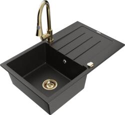 Mexen Bruno, 1 kamrás gránit mosogató 795x495x200 mm és Elia mosogató csaptelep, fekete-arany metál, 6513-75-670101-50 (6513-75-670101-50)