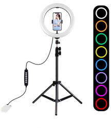PULUZ Lumină Inelară RGB PKT3044 cu Temperatură de Culoare Reglabilă 26 cm cu Trepied de Pardoseală și Suport pentru Telefon (PKT3044)