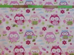 Fashion Rózsaszínes bagoly mintás anyag patchwork pamutvászon, 140cm/0, 5m