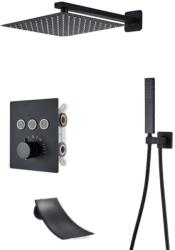  Zuhanycsap szett, Blackswan, M155 típus, matt fekete modell, 3 utas, LED világítás, termosztát és vízesés csap, mérete 40 cm