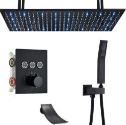 Zuhanycsap készlet, Blackswan, M162 típus, matt fekete modell, 3 utas, termosztát, LED világítás, vízesés csap és mennyezetre szerelhető, 80 cm-es méret (UCBA843)
