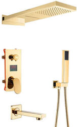  Zuhanycsap készlet, Blackswan, M199 típus, fényes arany modell, 4 utas, kijelzős, forgó csaptelep és zuhanyfej 2 üzemmóddal, méret 55 cm