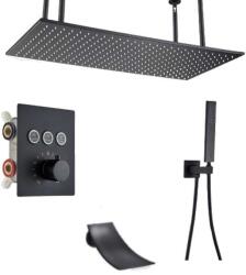  Zuhanycsap szett, Blackswan, M159 típus, matt fekete modell, 3 utas, termosztát, vízesés csaptelep és mennyezetre szerelhető, 80 cm-es méret