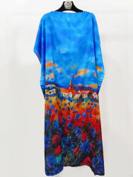 SHOPIKA Rochie de plaja lunga tip poncho din matase cu peisaj cu maci pe fond albastru Talie unica
