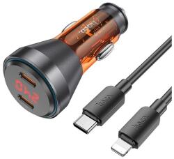 hoco. autós töltő 2 type-c aljzat (60w, pd gyorstöltő, led kijelző + lightning kábel) narancssárga (NZ12C ORANGE + LIGHTNING) - rufusz