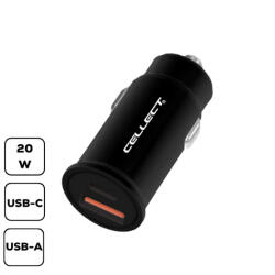Cellect autós szivargyújtó töltő adapter gyorstöltő funkcióval, USB-A + USB-C, 20W, fekete (MPCB-PD20W-BK) - speedshop