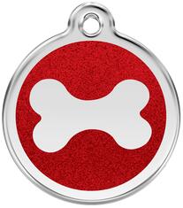 Red Dingo Csillámos Rozsdamentes csont mintás acél biléta piros - dogshop