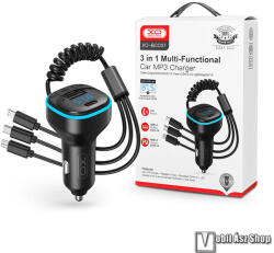 XO bluetooth FM transmitter, kihangosító és autós töltő - FEKETE - 1 x USB, 1 x Type-C aljzat, 5V/3, 1A, felvevő és média gombok, beépített 3 az 1-ben microUSB, Lightning, Type-C töltőkábel - BCC07