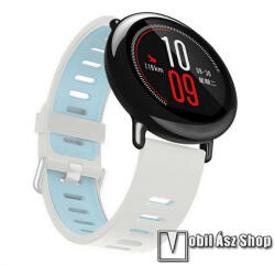 Okosóra szíj - FEHÉR / VILÁGOSKÉK - szilikon, állítható méret, fém csat, 20mm széles - SAMSUNG Watch4 40mm / 42mm / 44mm / 46mm / Watch5 40mm / 44mm/ Pro / Active2 40mm / 44mm / Amazfit GTS 4 / HUAWEI
