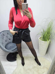 Norafashion Gyönyörű ujján tüllbetétes átlapolt body (piros) (832335)