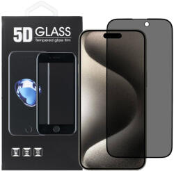 Apple 15 Pro Max üvegfólia, tempered glass, előlapi, 5D, edzett, hajlított, fekete kerettel, betekintés védelemmel, Privacy