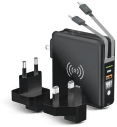 Forcell 5in1 Travel Set multifunkciós hordozható külső akkumlátor és vezeték nélküli töltő micro USB/USB-C/lightning kábellel, 10000mAh, fekete