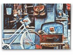  Gyémántszemes festmény - Bicikli és egy emlékekkel teli bőrönd Méret: 40x60cm, Keretezés: Keret nélkül (csak a vászon), Gyémántok: Kerek