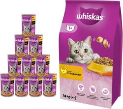 Whiskas WHISKAS Száraz macskatáp 1+ csirkével 14kg + 10xWHISKAS Nedvestáp 1+ csirkemellel mártásban 400g