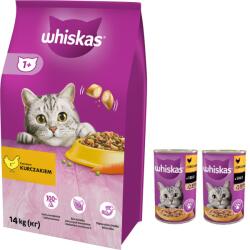Whiskas WHISKAS Száraz macskatáp 1+ csirkével 14kg + 2xWHISKAS Nedvestáp 1+ csirkemellel mártásban 400g