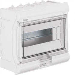  Hager Vector VE110PN UV-álló védett elosztó 10 modul, 1 sor átlátszó ajtóval, IP65, PE és N sín nélkül, falon kívüli, kikönnyített kábelbevezetővel, 210x236x114mm (VE110PN)