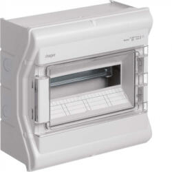  Hager Vector VE112PN UV-álló védett elosztó 12 modul, 1 sor átlátszó ajtóval, IP65, PE és N sín nélkül, falon kívüli, kikönnyített kábelbevezetővel, 302x310x151mm (VE112PN)
