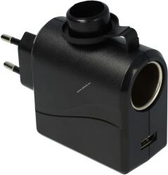 vhbw Adapter hálózati töltő 220V-> autós töltő 12V 3A töltőáram feszültségátlakító + USB aljzat
