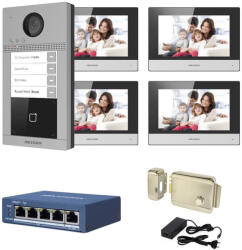 Hikvision Videointerfon IP Hikvision 4 familii, 4 monitoare 7 inch, kit complet