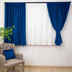 Hiko Set 5 piese pentru copii, Hiko Kids, 2 draperii scurte din catifea Comfy albastru royal cu 2 benzi de prindere si o perdea Ana voal cu pom pom colorat, cu rejansa (10005312)
