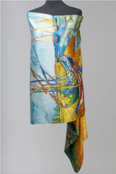 Shopika Esarfa cu doua fete, din matase, imprimata cu model inspirat dupa Barci pe plaja de Van Gogh